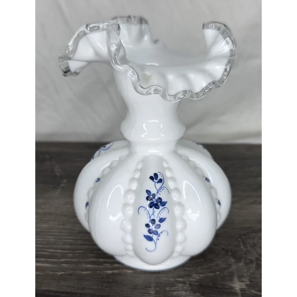 Fenton Elizabeth Silver Crest Beaded Melon Vase Blue Flowers 6